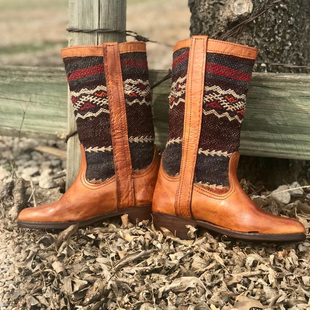 Boho Moroccan Antique Kilim Boots Size 6.5 US, 37 European